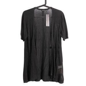 Daisy Fuentes Flyaway Cardigan Sweater L Womens Black Mesh Knit Short Sleeve